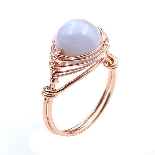 

10 pcs wire wrap round beads many colors quartz stone resizable finger ring rose gold plated jewelry, Silver