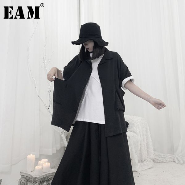 

eam] women black big pocket big size blouse new lapel half sleeve loose fit shirt fashion tide spring autumn 2020 19a-a695, White