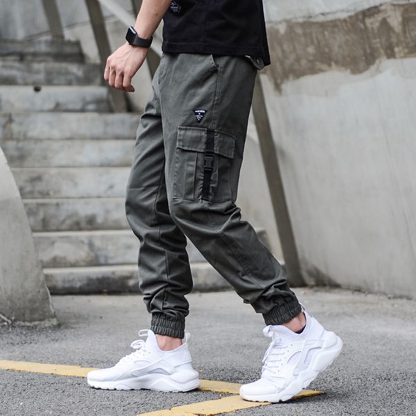 

fashion streetwear men jeans army green loose fit big pocket cargo pants men slack bottom elastic waist hip hop joggers pants, Blue
