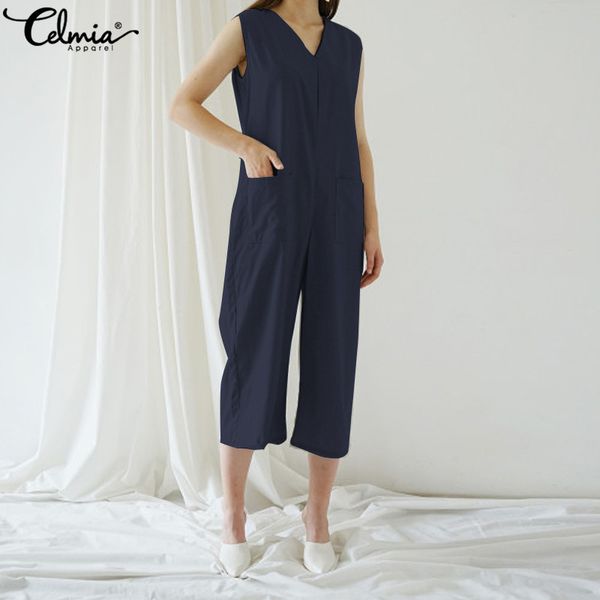 

celmia 2020 лето женщины v образным вырезом без рукавов сплошной комбинезон повседневная мода работа комбинезон шаровары ретро длинные комби, Black;white