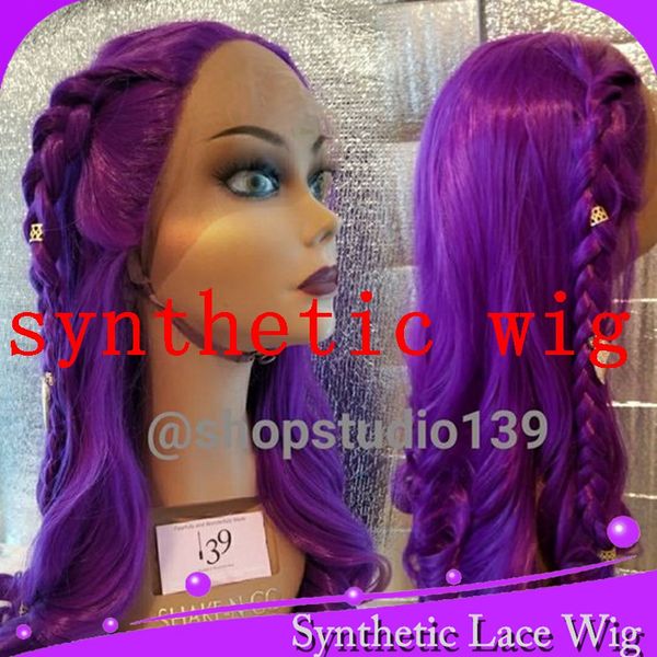 

mhazel high temperature fiber long straight middle part glueless purple synthetic lace front hair wigs part women, Black