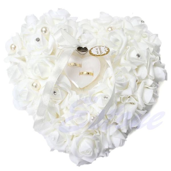 

wedding ring box ceremony ivory satin crystal flower ring bearer pillow cushion party jewelry box holder gift