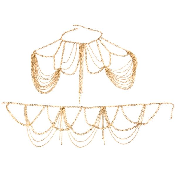 

fashion jewelry accessories heavy metal multi-layer tassel body scarf long necklace statement female beach body chain, Golden;white