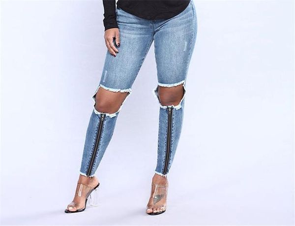 

new arrival women designer jeans fashion zipper design high waisted hip-lifting ripped washed jeans designer women jeans, Blue