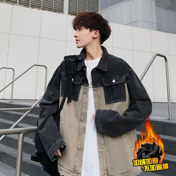 

jeans jacket winter men patchwork black blue thicken fleece denim coats plus sizes xxxl 4xl 5xl, Black;brown