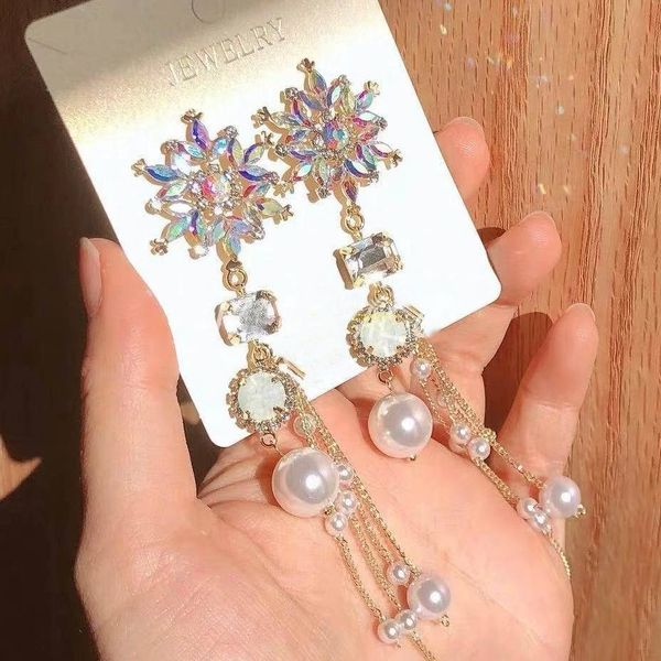 

mengjiqiao 2019 korean new colorful crystal flower simulated pearl tassel long earrings for women fashion statement party brinco, Golden
