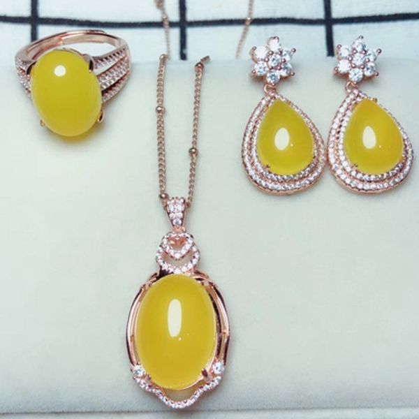

authentic s925 silver set red, blue, blue and white jade jade silver pendant ring earrings three-piece jewelry set gift, Black
