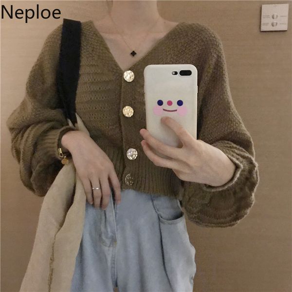 

neploe korean women's sweaters autumn 2019 fashion casual solid v-neck cardigans puff sleeve loose knit sweater pull femme 54459, White