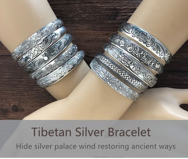 

ethnic style miao silver woman bracelets hand ornaments fashion retro carved open type bracelet antique style jewelry, Black