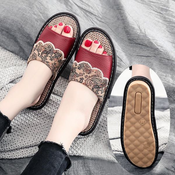 

eoeodoit home floor slippers spring summer leather embroidery anti skid men women lovers family bedroom carpet house shoes, Black