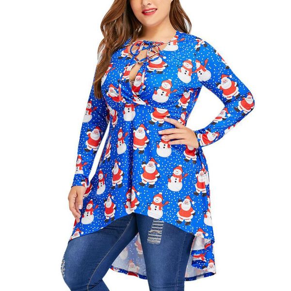 

women's plus size cross tied v-neck collar christmas irregular long sweatshirts snowman print openwork tie bow hoodies pullovers, Black