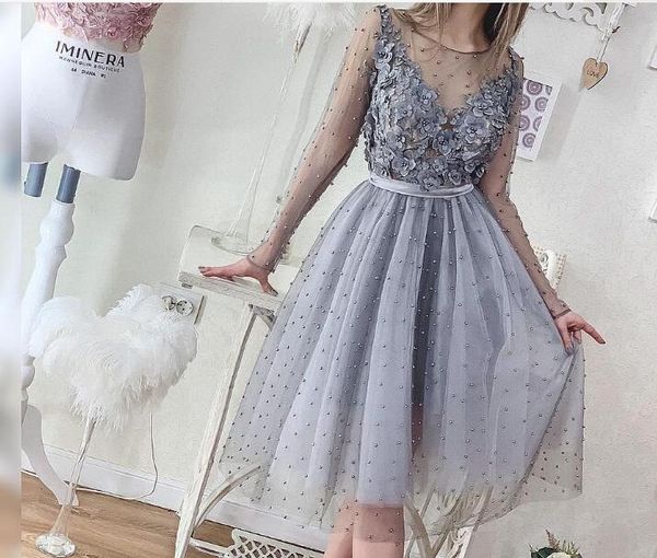 

2020 short silver grey pearls homecoming dresses long sleeve lace appliqued beads mini cocktail party dresses formal prom gowns, Red