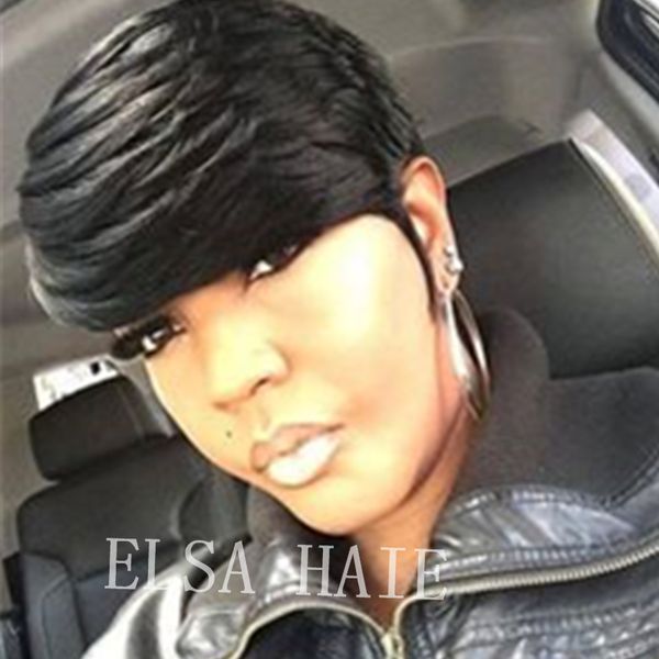 Short Human Hair Wigs Short Pixie Cut Wig For Women Black Color