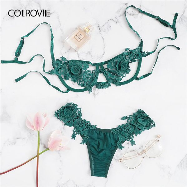 

colrovie green floral harness appliques lace lingerie set women intimates 2019 black underwire underwear ladies bra set, Red;black