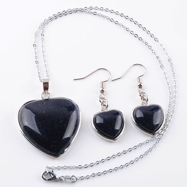 

wojiaer natural blue sand stone heart set jewelry reiki chakra beads necklace pendant earrings chain 18" dq3066, Black