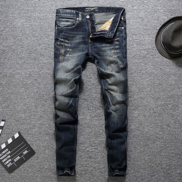 

italian vintage designer men jeans slim fit classical cotton denim pants fashion ripped jeans men streetwear hip hop homme, Blue