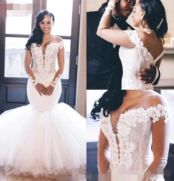 

2020 mermaid wedding dresses off the shoulder illusion plunging v neck long sleeves lace applique floor length african wedding gown, White