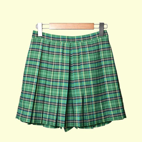 

plaid a line pleated skirt women casual green mini skirt shorts, Black