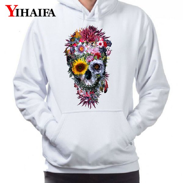 

mens hoodies floral skull 3d sweatshirts fashion print streetwear fleece pullover sportswear white clothes, Black