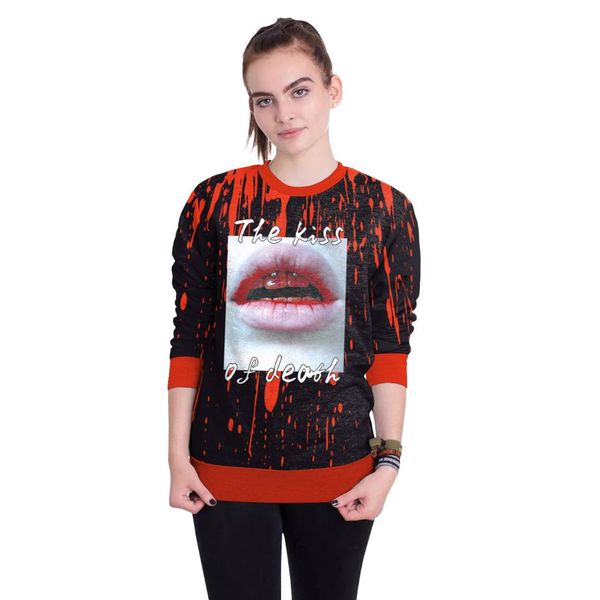 

blood red lip print hoodies women o-neck loose sweatshirt pullovers winter clothes sudaderas mujer couples lovers suit, Black