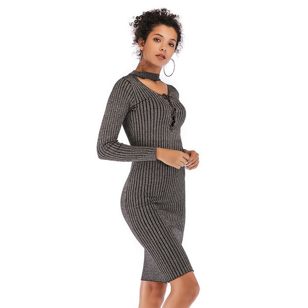 

womens designer knit dress long sleeve slim long bag hip skirt female, Black;gray