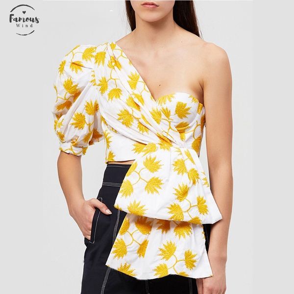 

print puff half sleeve shirts blouse women off shoulder long sleeve irregular crop female 2019 casual fashion tide, White