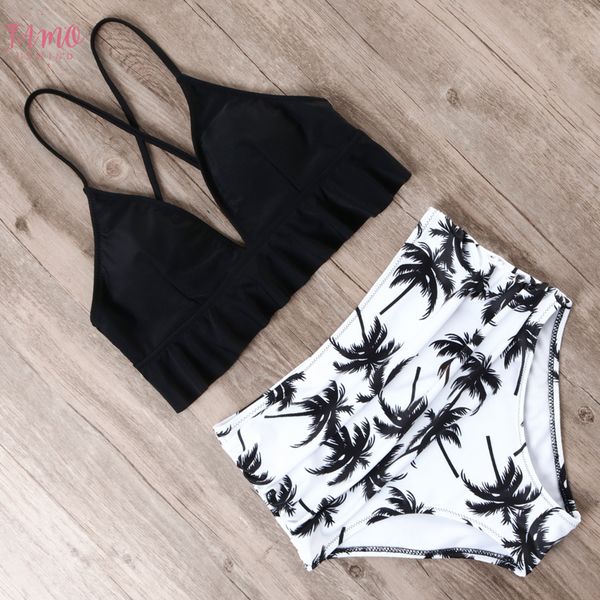

high waist swimsuit 2020 ruffle polyester bathing suit women push up bikini halter bikini set separate swimwear female swim suit, White;black