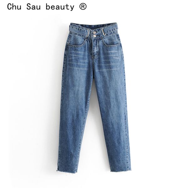 

чу сау красоты повседневный стиль карандаш ковбойские брюки женщины streetwear chic однобортный леди джинсы новые женские брюки кисточкой, Blue