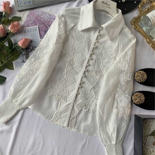 

new spring women elegant pearl button embroidered floral shirt white blouse female lady single-breasted long sleeve blouse