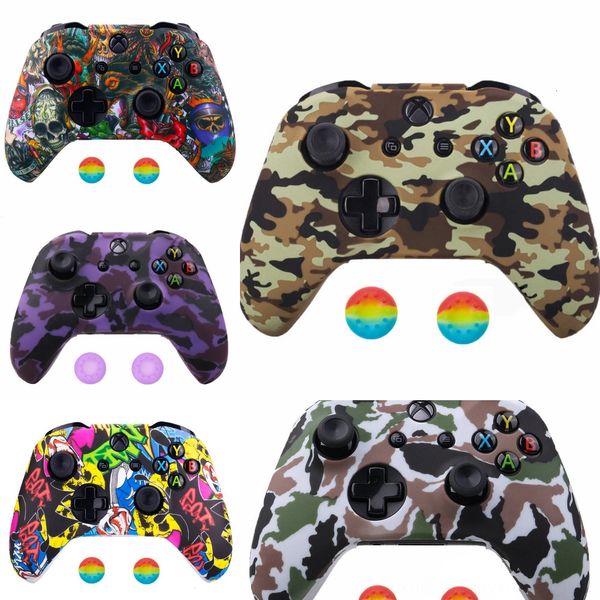 

xddjg camouflage silicone protective skin case & thumb joystick grip caps for xbox one controller green protector stick black cover