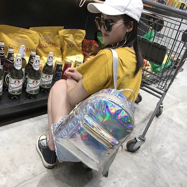 

shyaa backpack new women backpack travel bags silver laser women girls shoulder bag pu leather holographic