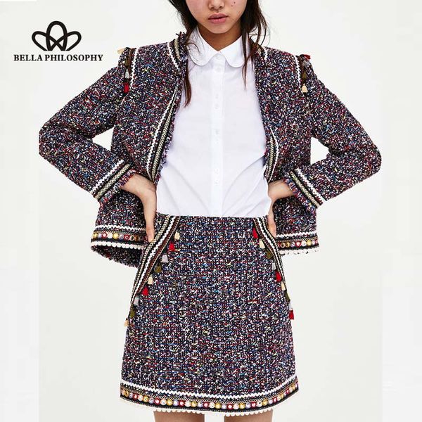 

wonder 2018 runway designer luxury fashion skirt suits ethnic vintage tassel tweed blazers and tassel tweed skirt set, White;black