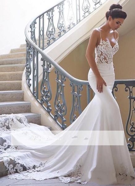 

Elegant paghetti trap mermaid wedding dre e 2019 leevele backle lace applique 2019 bridal gown chapel train robe