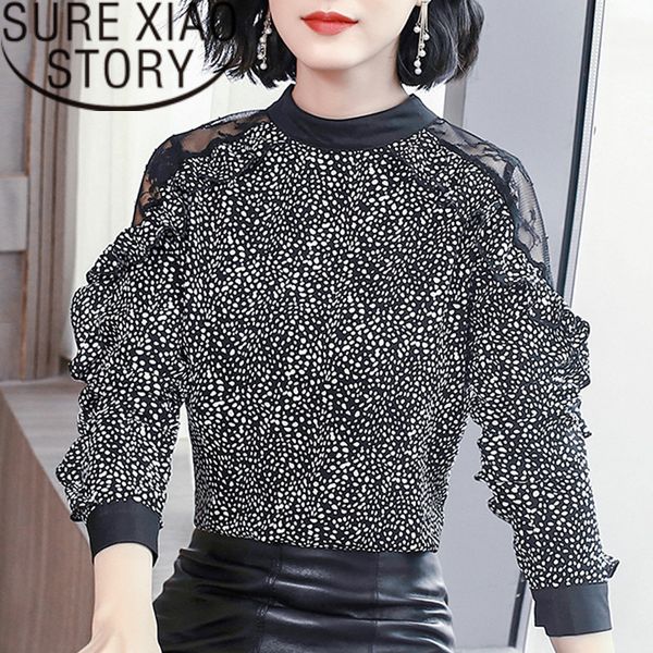 

fashion womens and blouses 2019 dot print chiffon blouse shirt mesh yarn hollow long sleeve women shirts blusa 2461 50, White