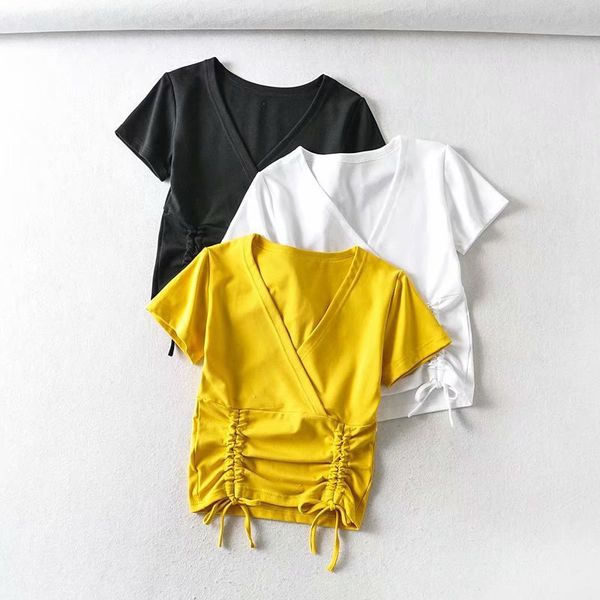 

woah 2020 - wt668 blouse women blusa feminina blusas the sides pull rope crossover v-neck t-shirts wit, White