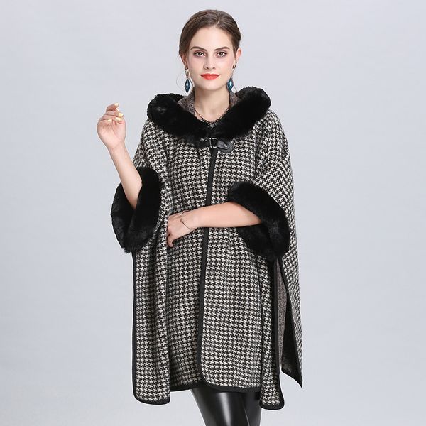 

new 2019 european women's knitted loose sweaters plus size cardigans faux fur patchwork hooded jumpers cloak capes outerwear top, Black