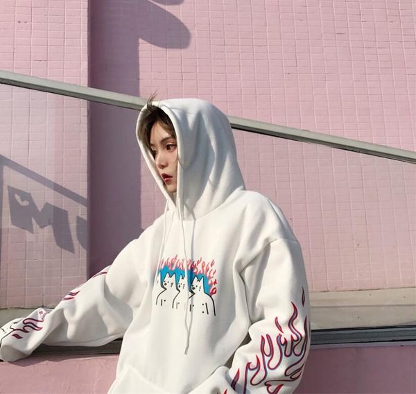 

retro cartoon flame print hooded sweatshirt, Black