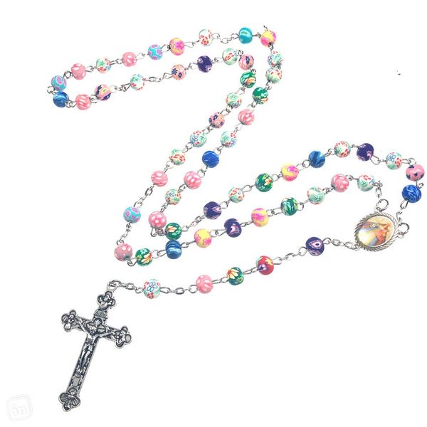 

10pcs/pack polymer clay bead rosary long necklace alloy cross virgin christian catholic jewelry for women, Silver