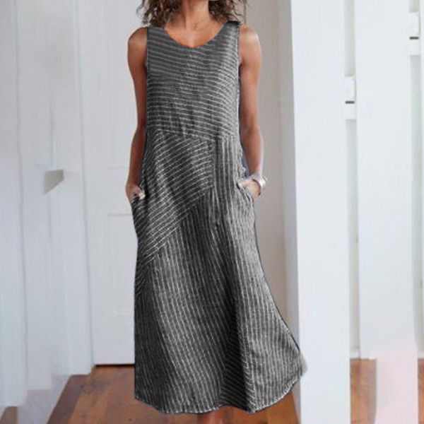 

sundress women summer dress 2019 boho dress midi plus size casual linen loose sleeveless stripe pocket long maxi dress 4.25, Black;gray