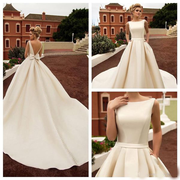 

2020 noble red a-line wedding dresses with bow sash robe de mariee backless satin court train bride dress, White