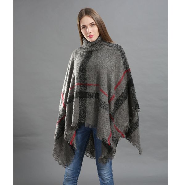 Moda-- Cardigan scozzese in lana da donna a collo alto Mantello con maniche a pipistrello Poncho lavorato a maglia Femme scialli caldi lavorati a maglia Sciarpa moda maglione