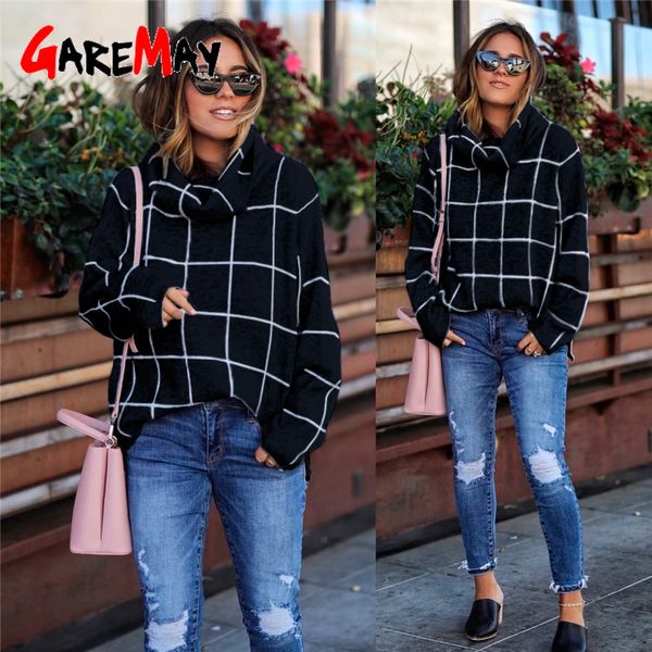 

2019 turtleneck sweater women loose plaid casual thickening black soft warm winter woman sweater knitting pullovers, White;black