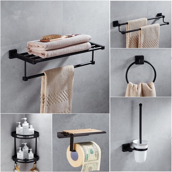 

bathroom accessories set black stainless steel robe hook,paper holder,towel bar,soap basket,towel rack bathroom hardware set