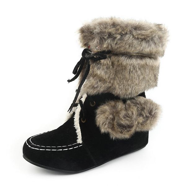 

b2- size 33-45 female faux fur winter snow boots ladies lace-up warm shoes woman flock leisure shoes women flat heels shoe, Black