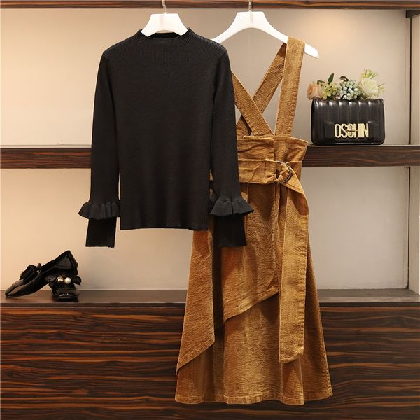 

large size women clothing sets two piece outfits autumn winter sweater + high waist corduroy strap dress 2 piece set ta8565, Black;gray