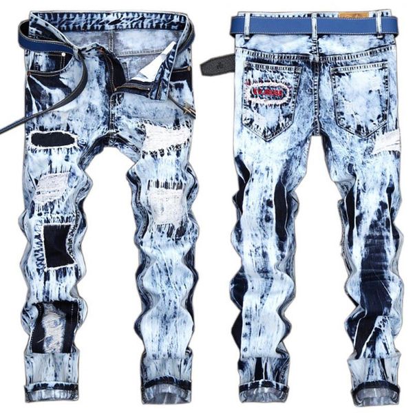 

новый дизайнер мужские джинсы мужские проблемные рваные узкие джинсы классический промытый тонкий мото байкер причинно мужские джинсовые брю, Blue