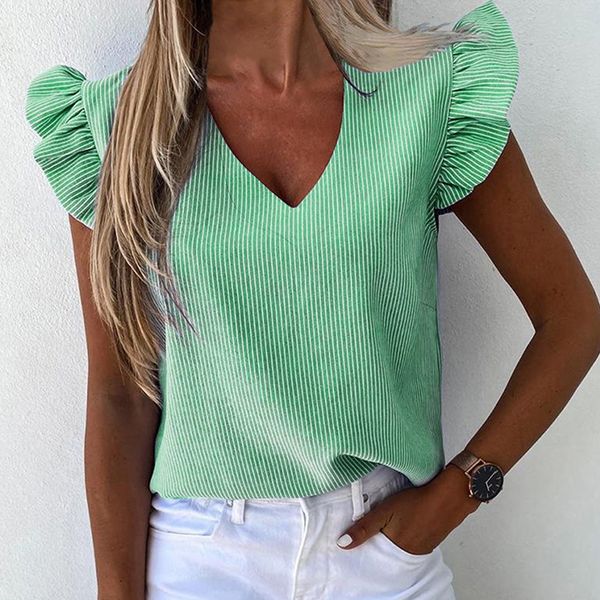 

elegant striped print ruffle blouse shirts office lady 2020 summer short sleeve slim blouses women 3xl casual o-neck top, White