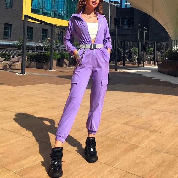

fashion long sleeve cool jumpsuit streetwear ladies long solid color party jumpsuit spring stand collar purple, Black;white