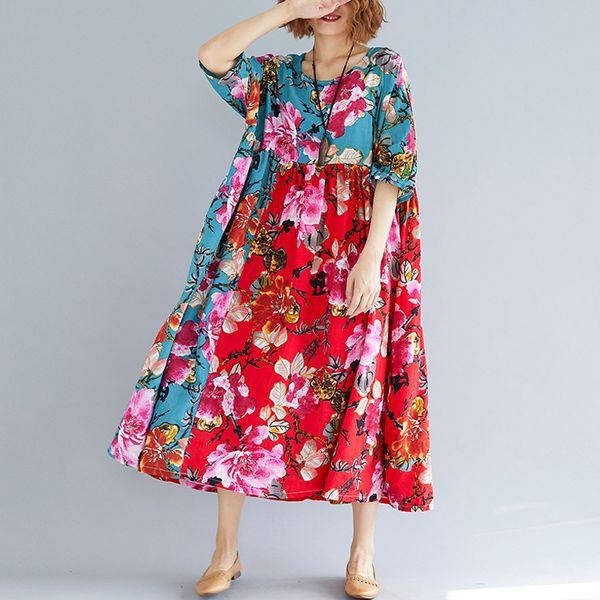 

women clothing summer dress women plus size large clothing femme lady vestidos print floral casual oversized pleated loose red, Black;gray