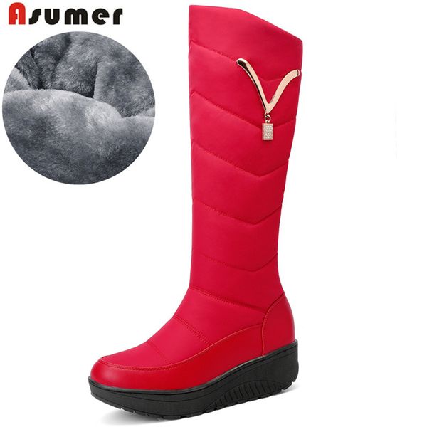 

asumer 2020 new keep warm snow boots women round toe flat platform boots down waterproof winter mid calf women big size 44, Black